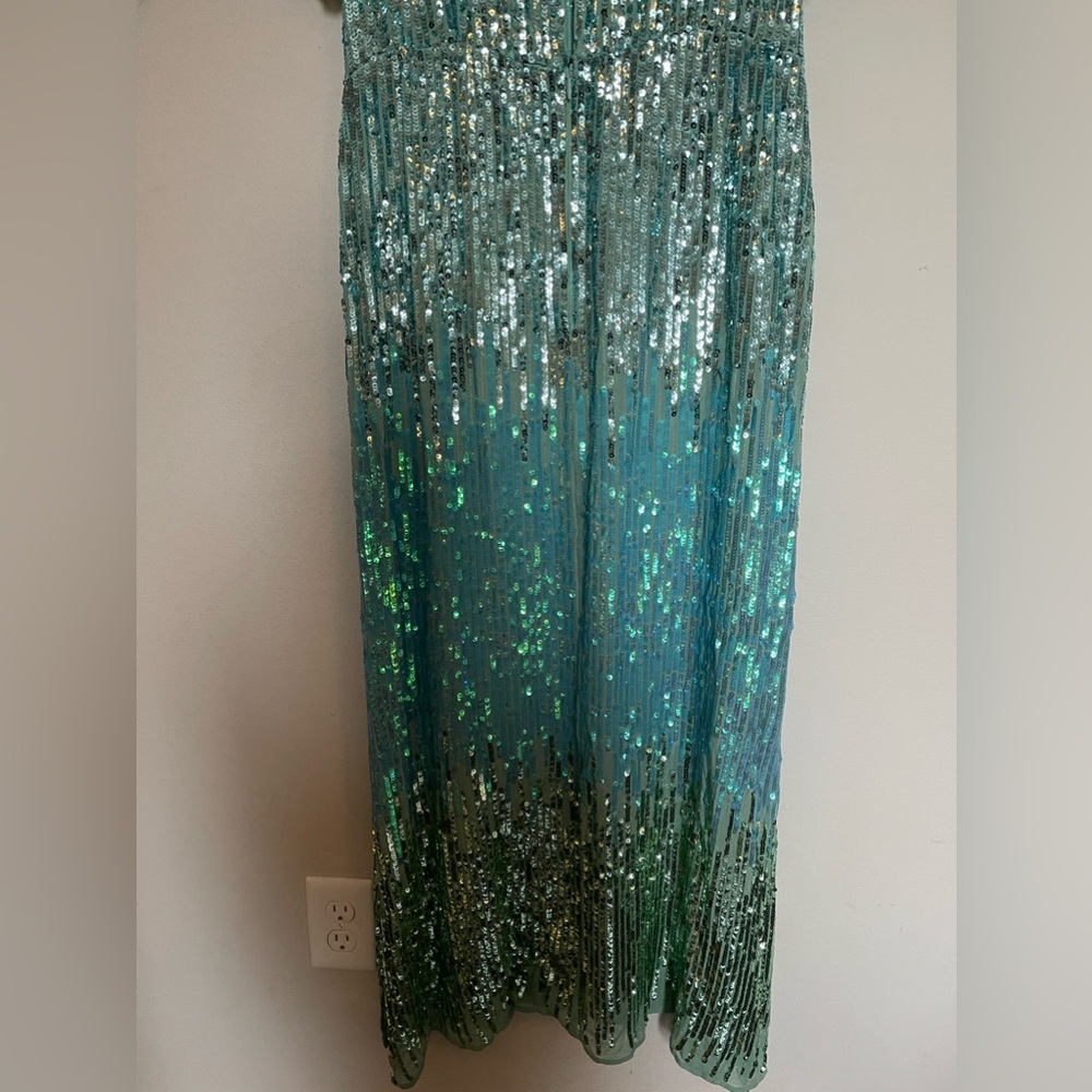 Rixo Sequin Ombré Aqua Turquoise Green Flutter Sleeve Midi Dress Gown - Picture 9 of 10